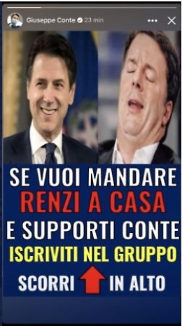 Crisi di governo, sul profilo FB di Giuseppe Conte una storia "anti Renzi": «Profilo hackerato»