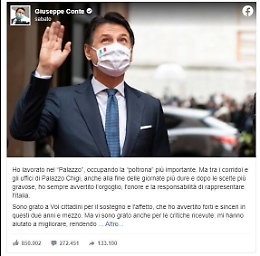 Giuseppe Conte, oltre 1,1 milioni di like per il commiato dell'ex premier su FB
