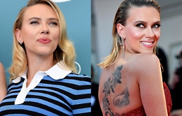 Venezia, Scarlett Johanson incantevole prima in magliettina e poi sul red carpet col maxi tattoo