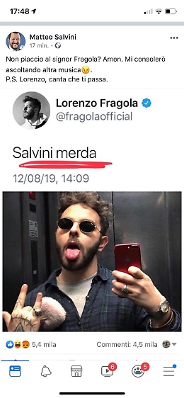 Lorenzo Fragola contro Salvini: &laquo;M**da&raquo; e il ministro: &laquo;Canta che ti passa&raquo;