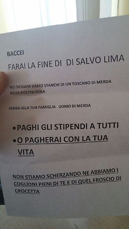 Lettera minatoria a Baccei: «Farai la fine di Salvo Lima»