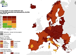 Europa quasi tutta rossa in mappa Covid: uniche zone gialle in Italia e in Spagna