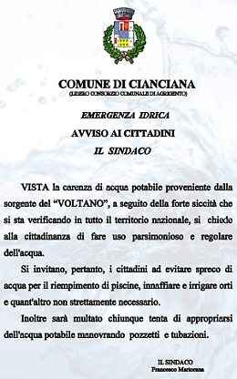 Cianciana, carenza d'acqua, il sindaco corre ai ripari
