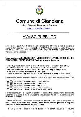 Cianciana, avviso pubblico per i buoni spesa e per le utenze domestiche