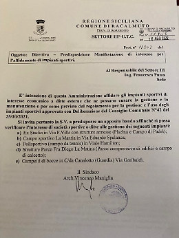 Racalmuto, l'amministrazione comunale intende affidare le strutture sportive ai privati