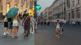 Pioggia di cenere dell'Etna su Catania: a passeggio in centro con l'ombrello