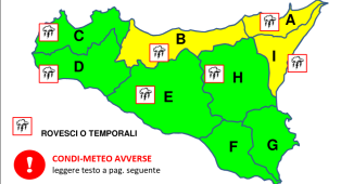 Ancora allerta gialla in alcune aree della Sicilia, previsti venti di burrasca e precipitazioni