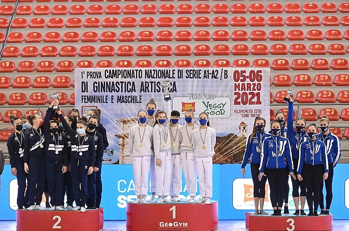 Il podio dell'A2: 1) Ginnastica Romana, 2) Ginnastica Pavese; 3) Ionica Gym Catania