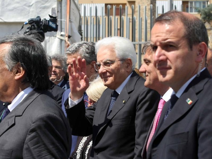 Il presidente della Repubblica Sergio Mattarella arriva all'aula bunker del carcere dell'Ucciardone per le celebrazioni del25simo anniversario della 