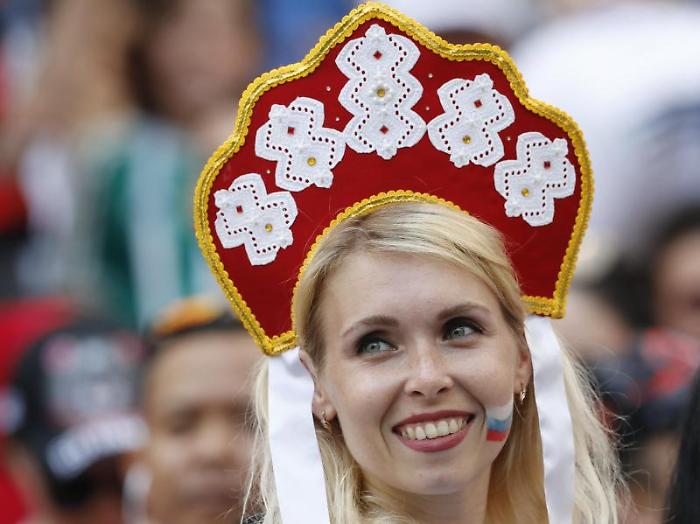 A fan of Russia prior to the round of 16 match between Spain and Russia at the 2018 soccer World Cup at the Luzhniki Stadium in Moscow, Russia, Sunda
