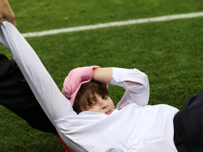 epa06891013 A pitch invader is removed from the pitch during the FIFA World Cup 2018 final between France and Croatia in Moscow, Russia, 15 July 2018