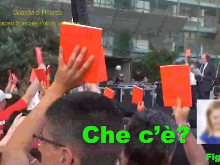 Un fermo immagine tratto da un video della guardia di finanza mostra un intercettazione ambientale durante l'operazione della Finanza che ha portato 