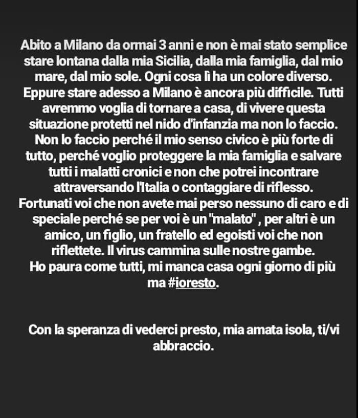 Messaggio di una studentessa siciliana che &egrave; rimasta a Milano