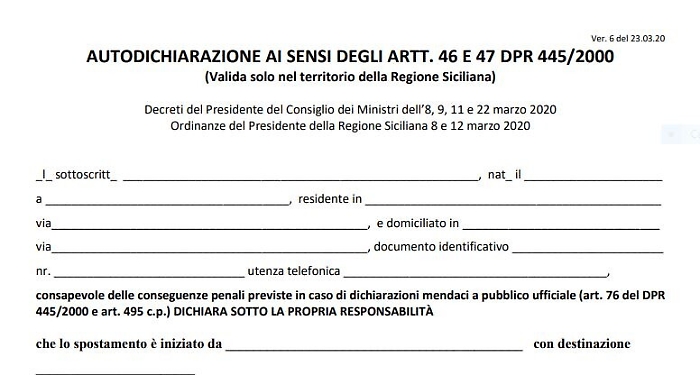 Coronavirus, ecco l'autocertificazione per i siciliani