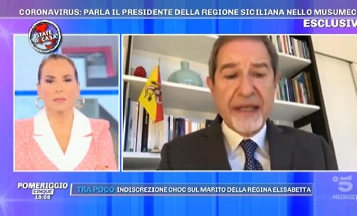 Coronavirus, Musumeci da Barbara D'Urso: «Rischio di combattere guerra con le fionde»