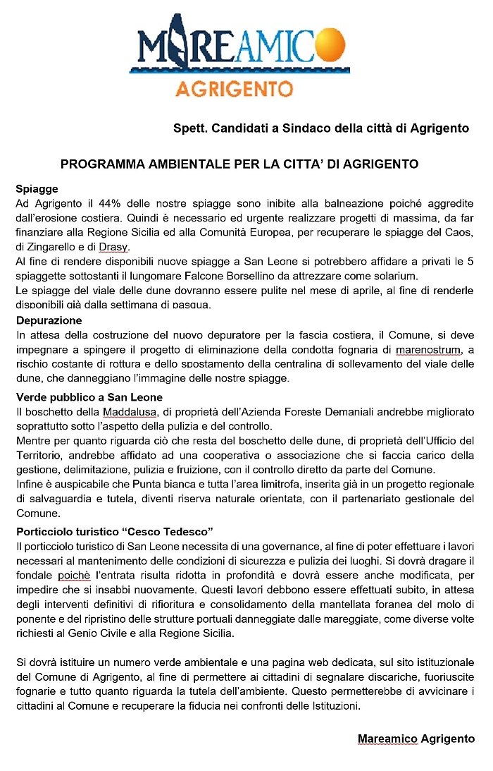 Elezioni Agrigento, il vademecum di Mareamico ai sei candidati sindaco