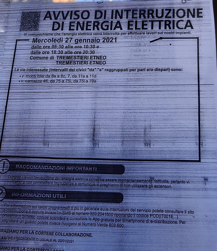 Tremestieri Etneo (Ct): distacco di energia elettrica in orario di lavoro