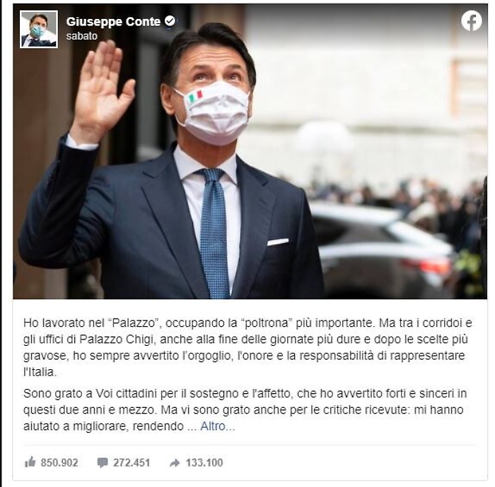 Giuseppe Conte, oltre 1,1 milioni di like per il commiato dell'ex premier su FB