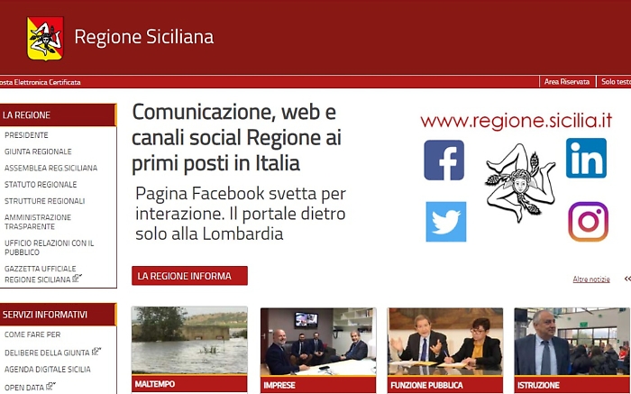 Regione Siciliana &egrave; la pi&ugrave; social: il suo portale web al secondo posto in Italia