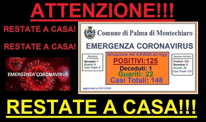 Coronavirus, il sindaco di Palma di Montechiaro, confeema la notizia di una persona deceduta e comunica altri 9 casi
