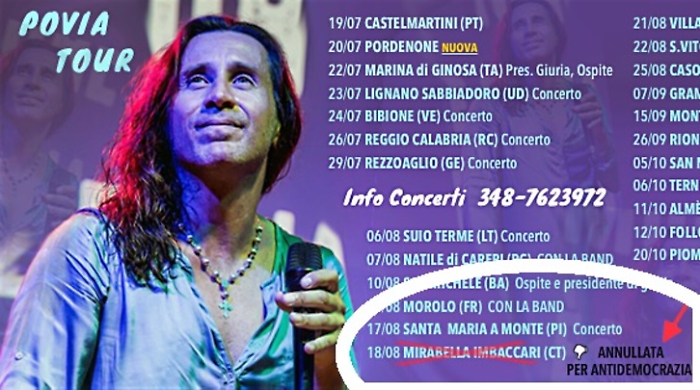 Mirabella Imbaccari, il sindaco annulla il concerto di Povia: &laquo;Perch&eacute; sono fascista, omofobo e no vax&raquo;
