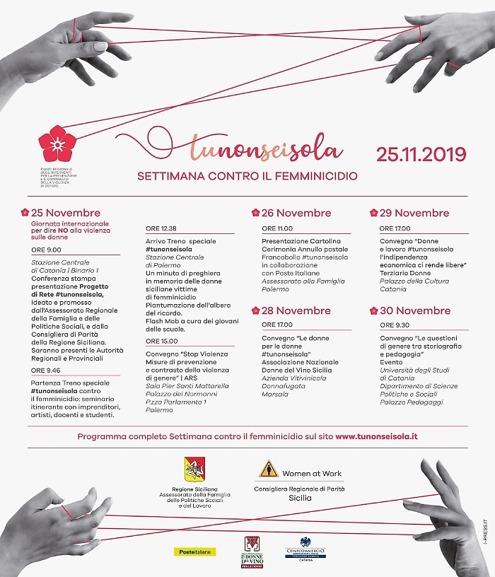 #tunonseisola, il filo che unisce la rete: luned&igrave; via alla settimana siciliana contro il femminicidio