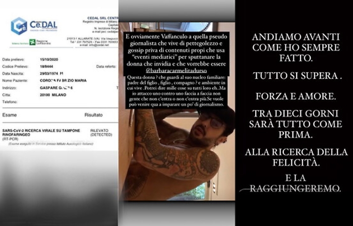 Fabrizio Corona pubblica il referto del  tampone positivo al Covid: &laquo;Anche Carlos lo &egrave;&raquo;. E attacca la D'Urso