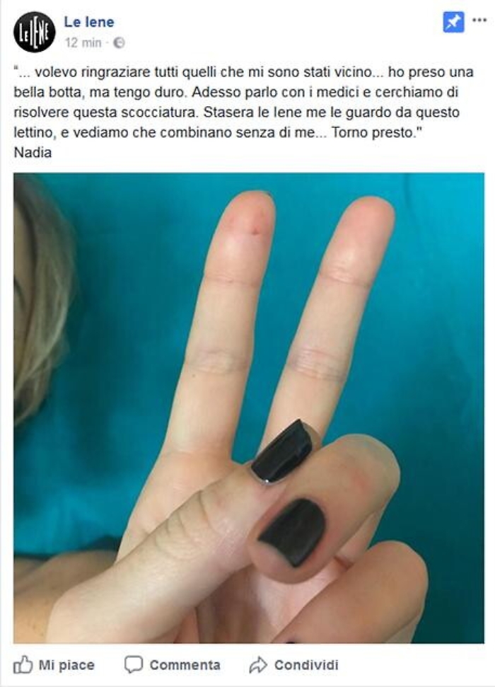 Nadia Toffa scherza su Fb dopo malore a Trieste: &laquo;Bella botta, ma tengo duro&raquo;