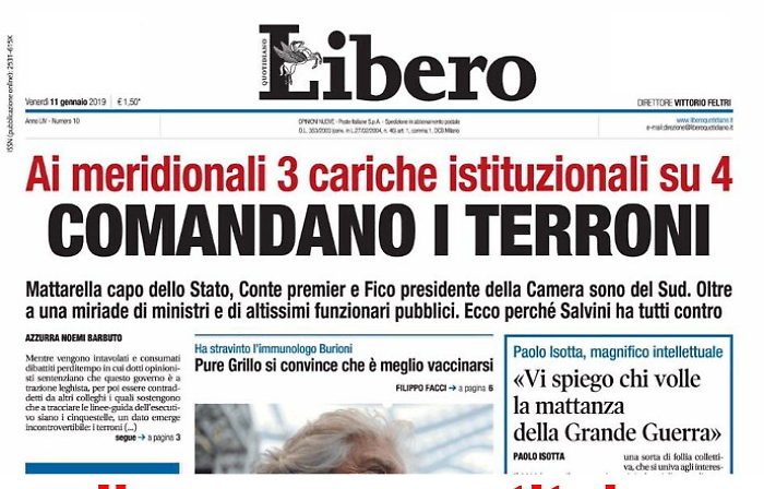 E' polemica in Sicilia sul titolo di &ldquo;Libero&rdquo;: &laquo;Comandano i terroni&raquo;
