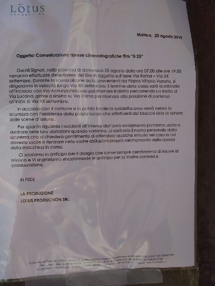 Bond a Matera, domenica un inseguimento