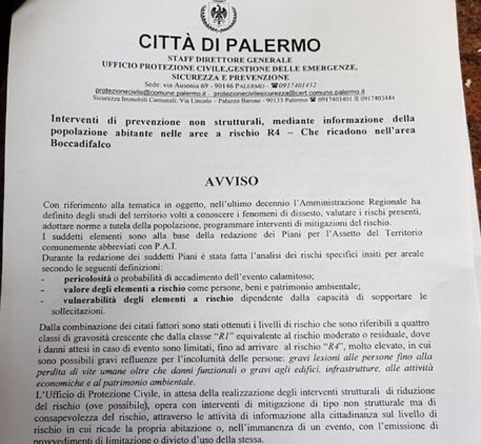 Costone rischia dissesto a Palermo: lettera shock del Comune ai residenti