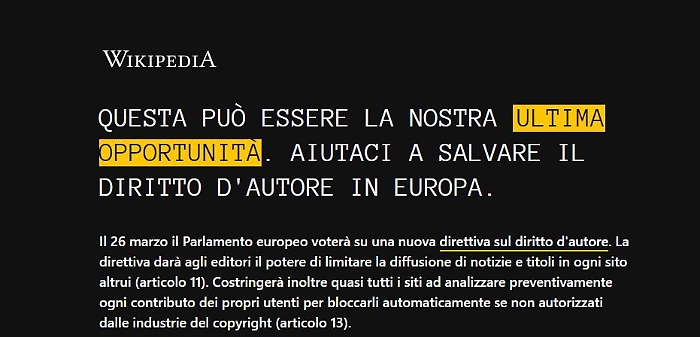 Wikipedia oscura le sue pagine italiane: &laquo;A rischio la libert&agrave; in rete&raquo;
