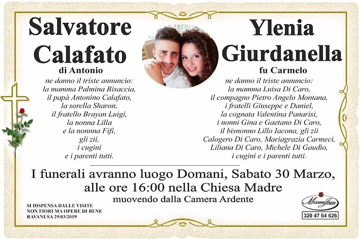 Ravanusa, il funerale dei due fidanzatini sar&agrave; celebrato domani