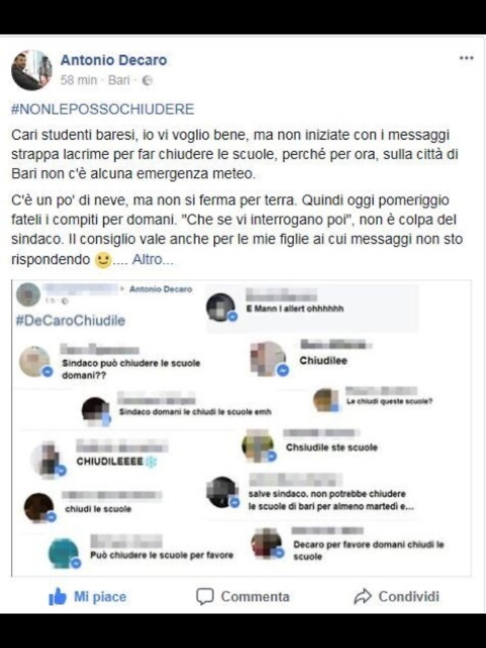 Decaro su Fb, ragazzi non chiudo scuole