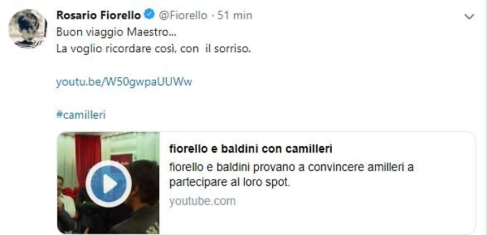 Camilleri, l'omaggio di Fiorello: &laquo;Buon viaggio Maestro&raquo;