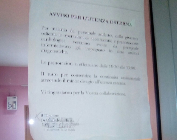 Personale malato all'accettazione di Cardiologia del Garibaldi- Nesima, ma da tre mesi?