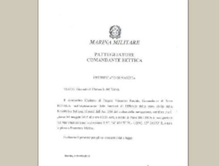 «Francesca Marina è stata registrata» e la Marina Militare mostra il certificato
