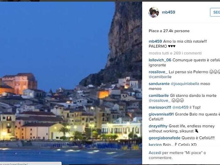 Balotelli su Instagram «Amo la mia Palermo» ma posta la foto sbagliata: è di Cefalù