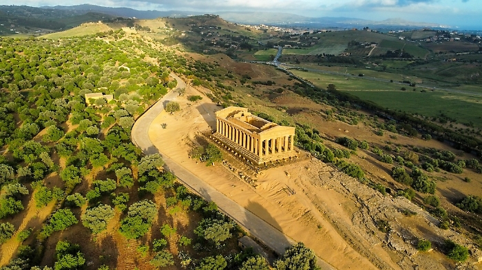 Aerial shot of Temple of Concordia in Valley of the Temples, Agrigento, Sicily, Italy