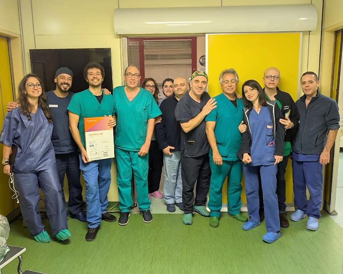 L'&eacute;quipe con il direttore della UOC di Cardiologia Francesco Amico e il responsabile dell'Elettrofisiologia Marco Lisi