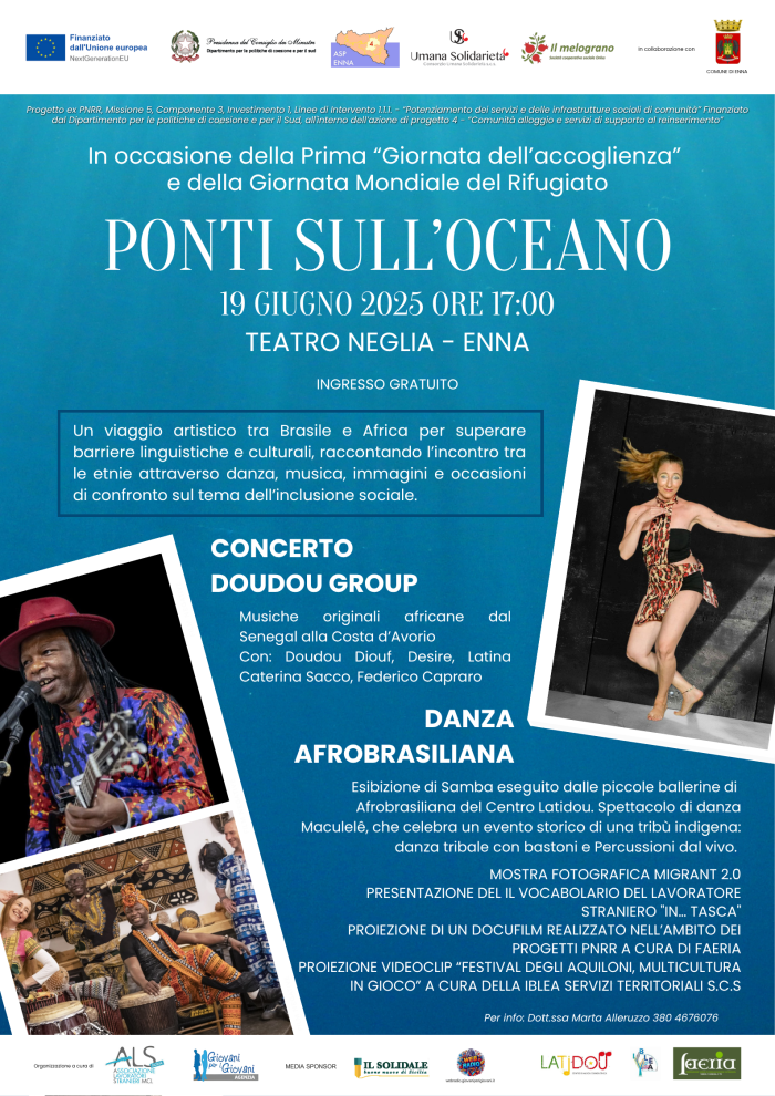 Enna celebra la "Giornata mondiale del rifugiato e dell'accoglienza":  un viaggio artistico tra Brasile e Africa
