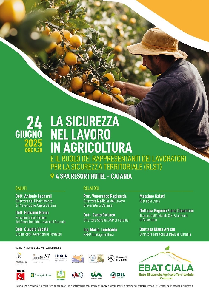 Catania, il 24 giugno convegno su &lsquo;La sicurezza nel lavoro in agricoltura&rsquo; promosso da Ebat Ciala