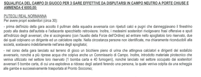 Il Modica calcio e il trattamento subito dalla Real Normanna: stadio squalificato per tre giornate e multa da 6mila euro per i campani