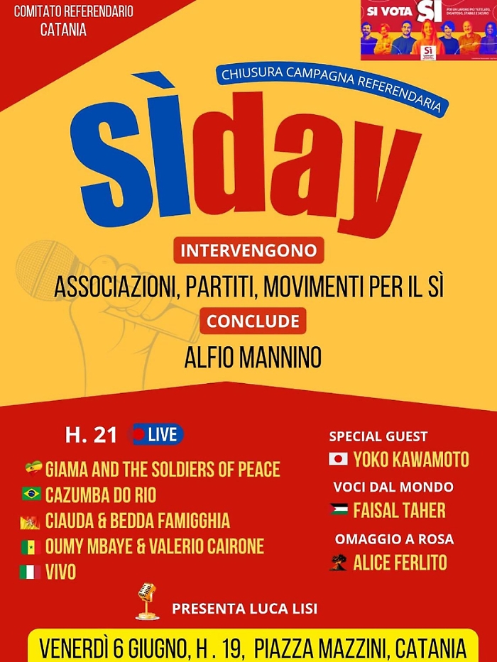 Il 6 giugno chiusura della compagna referendaria a Catania con il "S&igrave; Day"