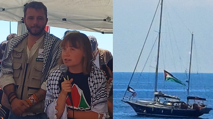 Greta Thunberg parte da Catania per Gaza con la kefiah al collo. E stavolta parla: &laquo;Palestina libera&raquo;