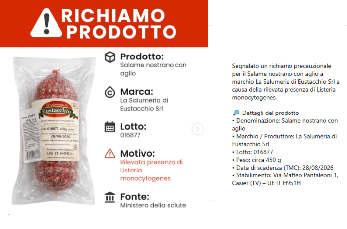 Salame &ldquo;nostrano con aglio&rdquo; ritirato per Listeria: cosa sappiamo davvero, cosa fare adesso