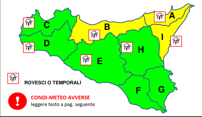 Ancora allerta gialla in alcune aree della Sicilia, previsti venti di burrasca e precipitazioni