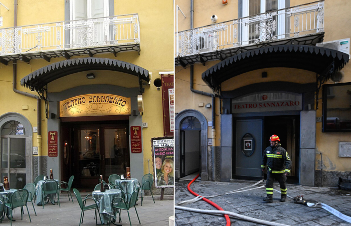 Incendio al teatro Sannazaro domato: teatro devastato, due vigili del fuoco feriti e 25 appartamenti evacuati