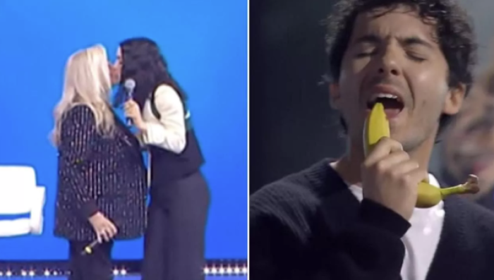 A "Domenica in&pound; Sal Da Vinci inciampa,  bacio tra Levante e Mara 