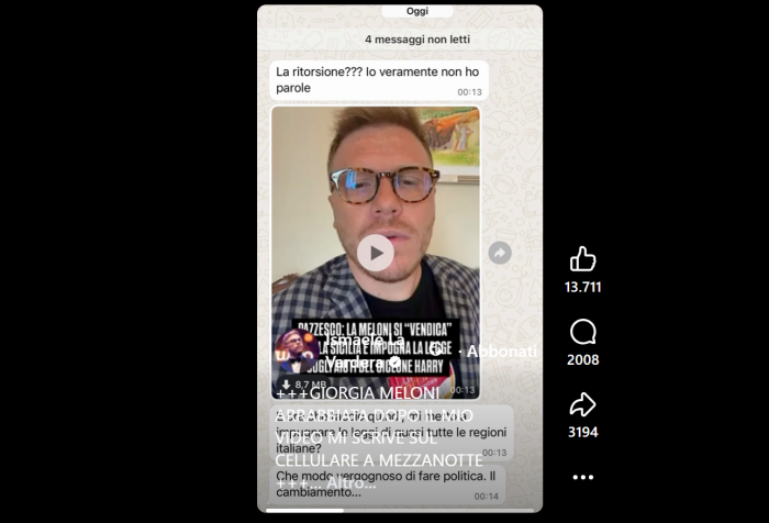 Giorgia Meloni infuriata scrive a mezzanotte a La Vardera: &laquo;Che modo vergognoso di fare politica...&raquo;